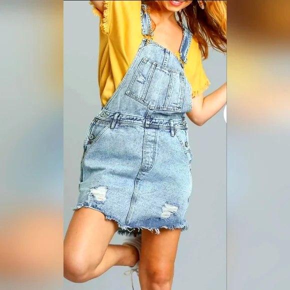 blue irish dance solo dress Washed Blue Denim Wide Leg Romper | Purple Door Boutique main image 0